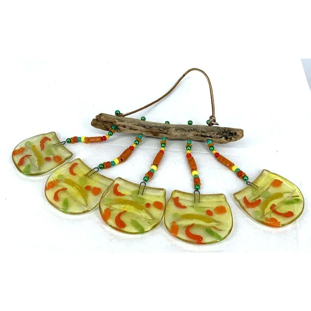Fused Glass Wind Chime Driftwood Handcrafted Yellow Orange Yard Porch Decor 14